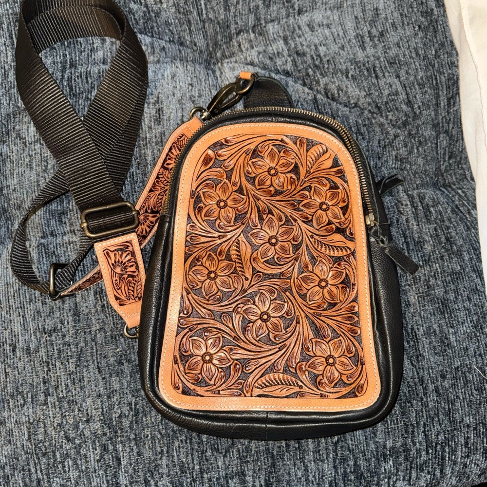 Floral Embossed Leather Crossbody Bag - Black and Brown